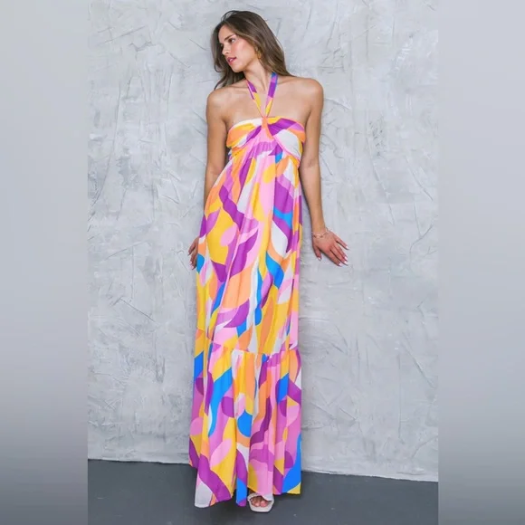 chinese dress ladies Flying Tomato Dip Dye Pleated Halter Neck Maxi Dress main image 1